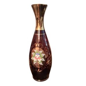 Vtg Moser Bohemia Purple Glass Enamel Flowers Vase Gold Overlay 9"tx1.75"w